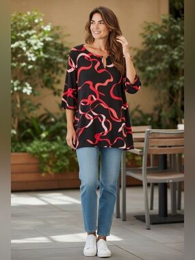Liz Claiborne Black Top with Red & Pink Wavy Print